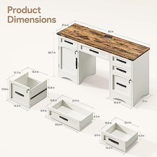 Farmhouse Executive Desk with Drawers, 55" Home Office Desks with Fast Charging Station, Lockable File Cabinet, Wood Writing Computer Desk for Work, Study, White