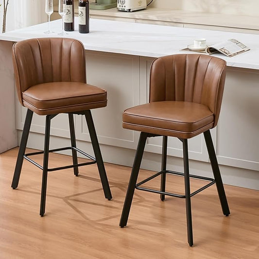 Swivel Counter Height Bar Stools Set of 2, 30'' Modern Barstools with Backs and Metal Legs, Upholstered Bar Chairs, Faux Leather Dark Brown Stools for Kitchen Island Chairs