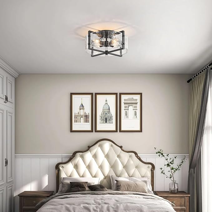 Bofea-Industrial Flush Mount Ceiling Light, Black Circular 4-Lights Farmhouse Hallway Light Fixture, Water Ripple Flush Mount Fixture Perfect for Kitchen Island,Dining Room and Hallway.