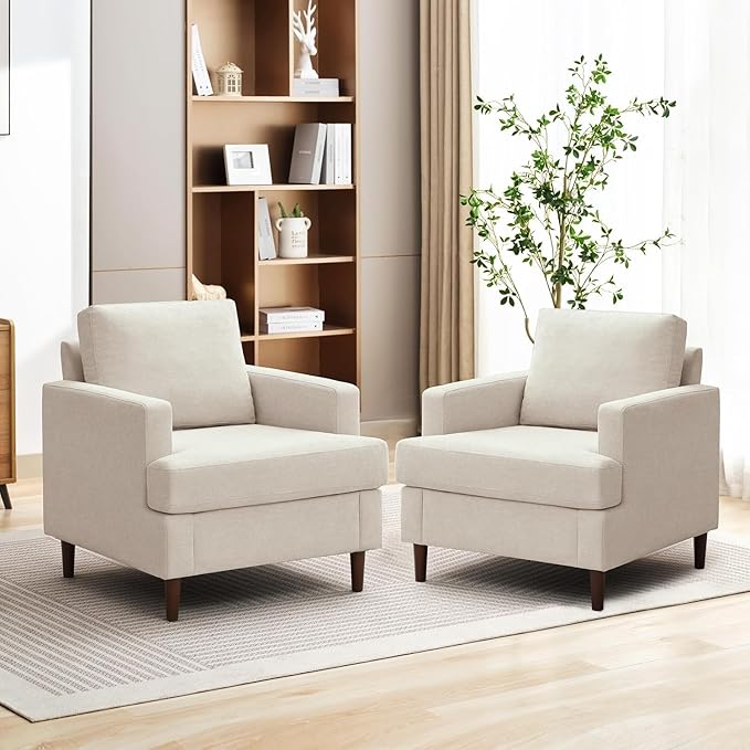 Mid-Century Accent Chair,Modern Linen Fabric Armchair for Living Room,Comfy Upholstered Reading Accent Chairs for Bedroom,Single Sofa Chair with Wood Legs (Beige, 2 Pack)
