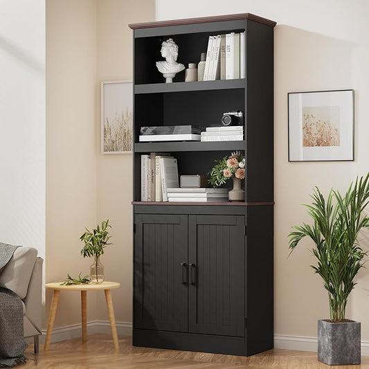 MHOM 71" Tall Bookshelf with Doors, 5 Tiers Farmhouse Bookcase with Adjustable Shelves, Wooden Rustic Display Cabinet for Home Office, Living Room, Black