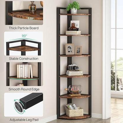 TRIBESIGNS WAY TO ORIGIN Corner Shelf, 70.9 Inch Tall Corner Bookshelf, 6 Tier Ladder Shelf with Metal Frames Multifunctional Modern Bookcase for Living Room, Home Office, Kitchen, Small Space (Brown)