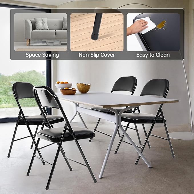 6 Pack Folding Chairs with Padded Seats, Padded Folding Chair with Steel Frame for Events Home Office, Pu Leather Folding Chair Black