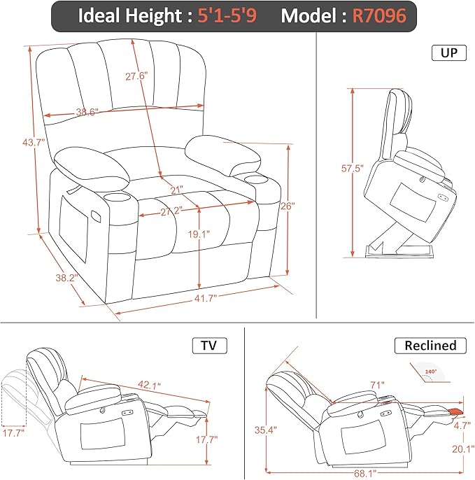 MCombo Power Lift Recliner Chair for Elderly, Lift Chair with Heat and Massage, Extra Wide Lift Recliner for Big People, Faux Leather R7096 (Medium-Wide, Grey)