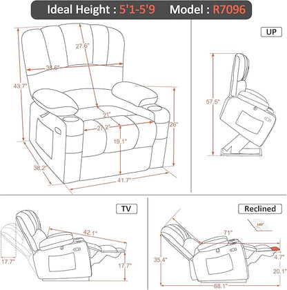 MCombo Power Lift Recliner Chair for Elderly, Lift Chair with Heat and Massage, Extra Wide Lift Recliner for Big People, Faux Leather R7096 (Medium-Wide, Grey)