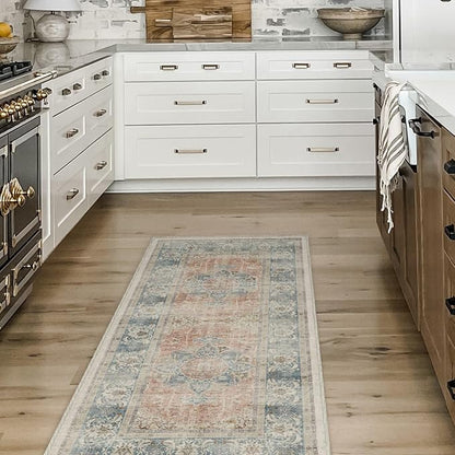 RUGGABLE Washable Vintage Area Rug – Sarrah Coral 10x14, Stain-Resistant, Non-Slip – Large Machine Washable Rugs for Living Room, Bedroom, Hallway, Entryway & Office–with Cushioned Pad
