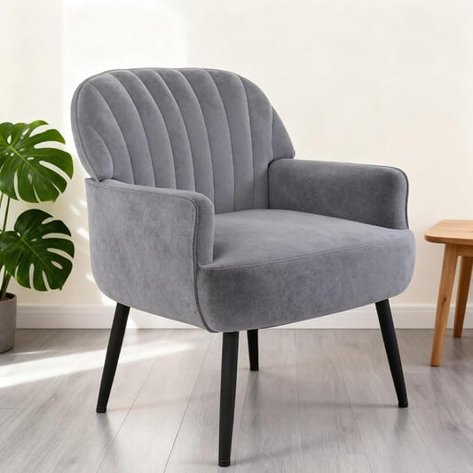 Velvet Accent Chair, Upholstered Modern Leisure Single Sofa Side Chair, Comfy Tufted Back Armchair with Metal Legs for Living Room/Bedroom/Office/Reading Room, Grey