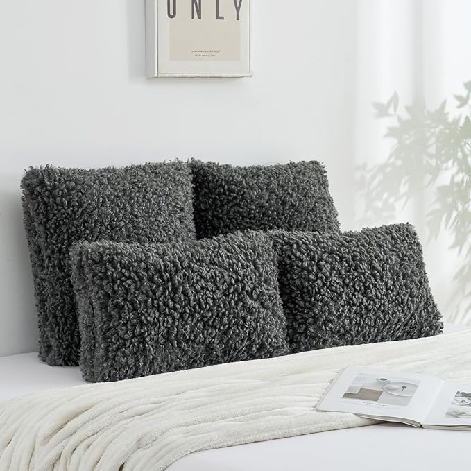 FUTEI Dark Grey Decorative Throw Pillow Covers 26x26 Inch Set of 2,Soft Fluffy Faux Wool Fur Boucle Textured Euro Pillow Shams,Modern Home Decor for Couch Bed Living Room Office