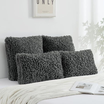 FUTEI Dark Grey Decorative Throw Pillow Covers 26x26 Inch Set of 2,Soft Fluffy Faux Wool Fur Boucle Textured Euro Pillow Shams,Modern Home Decor for Couch Bed Living Room Office