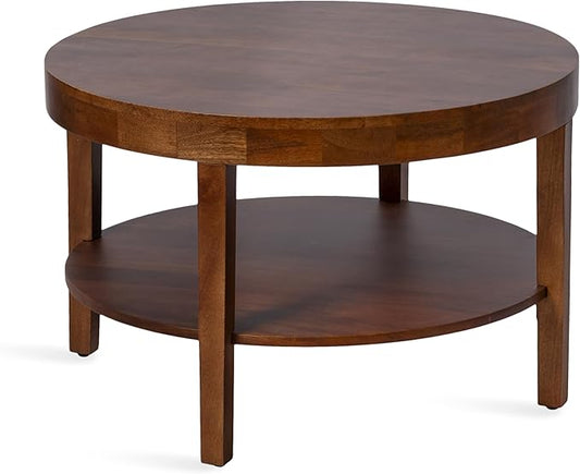 Kate and Laurel Talcott Modern Tiered Round Coffee Table, 28 x 28 x 18, Walnut Brown, Transitional Two-Tier Circle Living Room Table with Storage and Mango Wood Construction