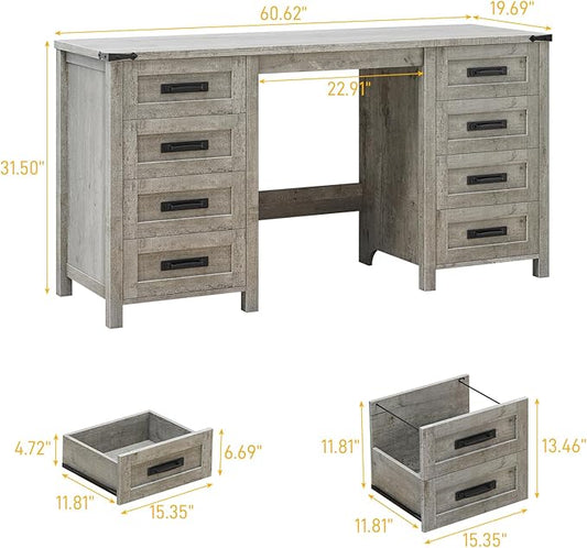 Vabches Farmhouse 60.6” Executive Desk with 7 Drawers, Computer Desk with File Drawer for Hanging Files A4, Workstation for Home Office, Study.Grey