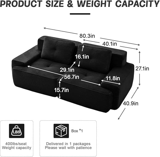 80.3” Black Boneless Couches for Living Room, Modular Sectional Sofa, 2 Seater Comfy Upholstered Loveseat Deep Seat Corduroy Fabric Cloud Couch No Assembly, Anti-Slip Design