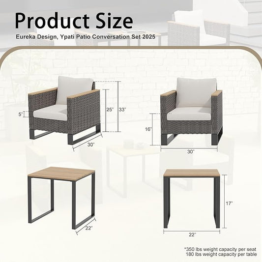 Ypati 3-Piece Handwoven Rattan Patio Conversation Set, Aluminum Frame with All Weather Coating, for Porch, Balcony, Garden, 2 Comfortable Chairs with Coffee Table, Black & White, Designed by Eureka