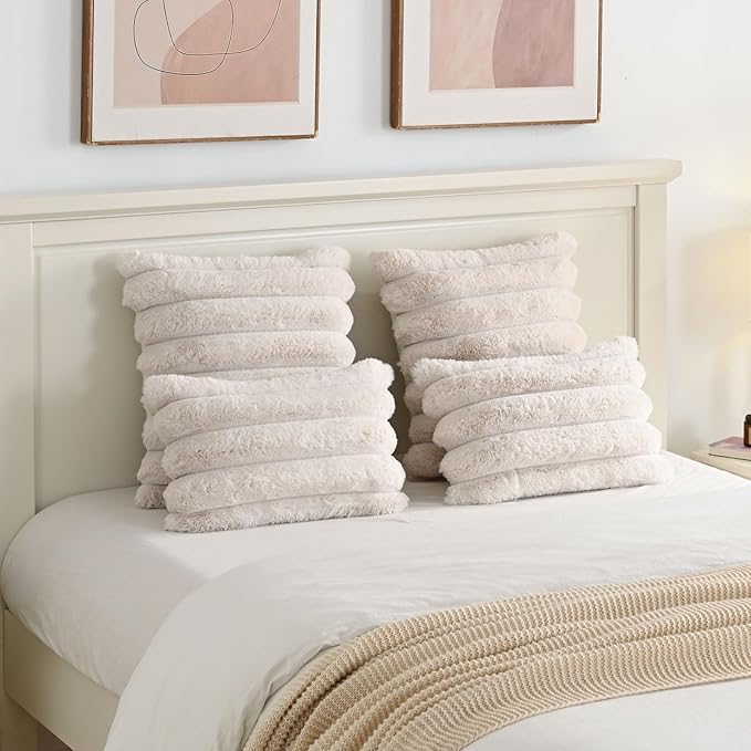 FUTEI Beige Decorative Throw Pillow Covers 26x26 Inch Set of 2, Square Soft Faux Rabbit Fur Thick Striped Euro Pillow Shams,Winter Home Decor for Couch Bed Living Room