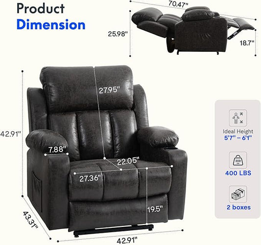 FLEXISPOT XL31-XL Oversized Power Lift Recliner Chair for Elderly, 27.4" Extra Wide Lay Flat Lift Chair with Massage & Heat, Dual Motor Electric Reclining Sofa for Big and Tall(Oversized, Charcoal)