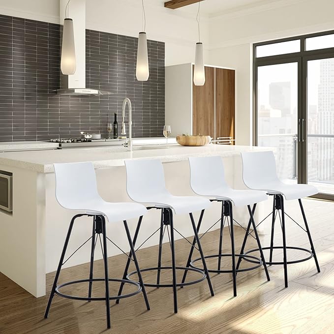 annjoe Swivel Bar Stools Metal Counter Height Stools Plastic Seat Chairs Set of 4 for Indoor Outdoor Home Kitchen Business (26" White)