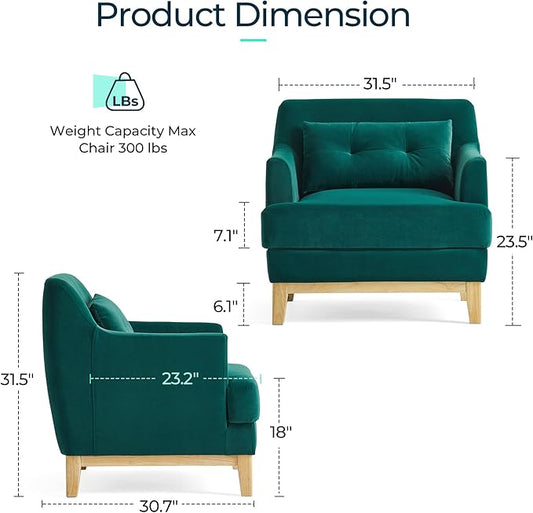 LINSY Accent Chair, Large Reading Chair with Rubberwood Base, Mid Century Modern Armchair with Lumbar Pillow, Cozy Single Sofa Chair for Living Room Bedroom Office Study, Velvet Arm Chair, Green