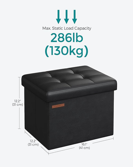 SONGMICS Small Folding Storage Ottoman, Foot Rest Stool, Cube Footrest, Synthetic Leather, 12.2 x 16.1 x 12.2 Inches, 286 lb Capacity, for Living Room, Bedroom, Dorm, Ink Black ULSF100B01