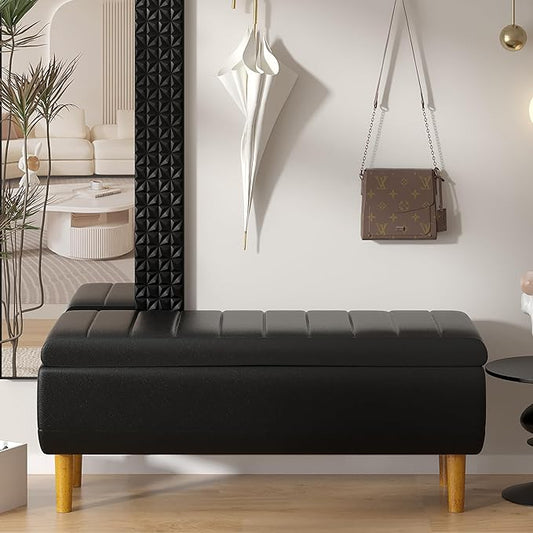 VECELO Storage Ottoman, Storage Bench with 2 Machined Gas Spring Lid Supports, PU Leather Upholstery & Solid Wood Legs, Black Ottoman Bench for Bedroom, Living Room, Entryway, 44.5"