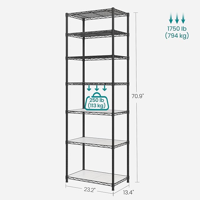 SONGMICS 7-Tier Storage Unit, Wire Shelving, Kitchen Metal Rack With Adjustable Shelves, Shelf Liners, 8 Hooks, for Garage, 13.4 x 23.2 x 70.9 Inches, Black ULGR067B01