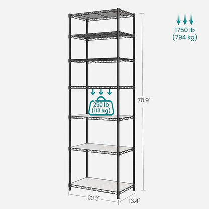 SONGMICS 7-Tier Storage Unit, Wire Shelving, Kitchen Metal Rack With Adjustable Shelves, Shelf Liners, 8 Hooks, for Garage, 13.4 x 23.2 x 70.9 Inches, Black ULGR067B01