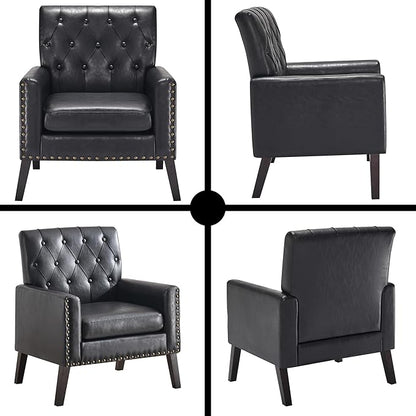 Mid Century Modern Accent Chair, Black Faux Leather Office Chair for Reception - Brown Leather Club Chair for Living Room, Bedroom, or Waiting Room