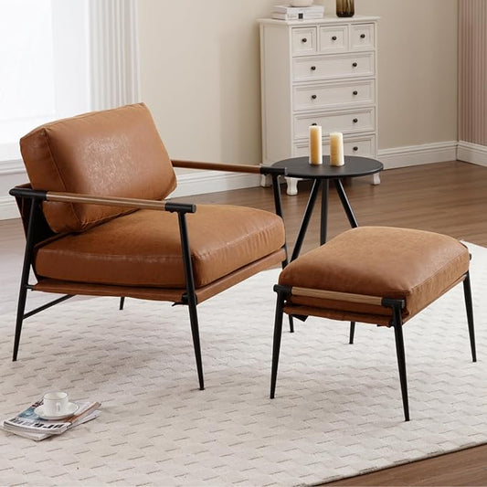 DUOMAY Mid Century Modern Accent Chair with Ottoman Set, PU Brown Upholstered Living Room Chair with Metal Legs Lazy Lounge Chair Set with Footrest for Bedroom Living Room