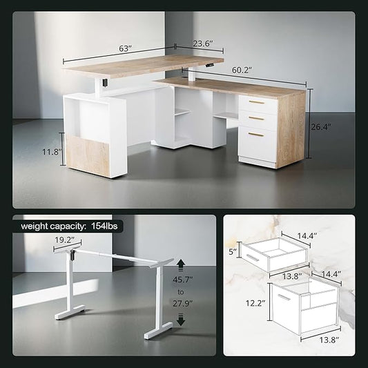 63" Standing Desk with File Cabinet, Privacy Panel, AC/USB, 1.18" Desktop, Executive L Shaped Height Adjustable Electric Stand Up Desk, Home Office Table with 3 Drawers, Light Walnut