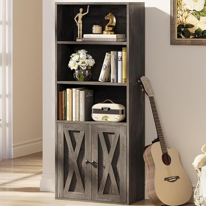 IRONCK Industrial Bookshelves and Bookcases with Doors 11.8 in Depth Floor Standing 5 Shelf Display Storage Shelves Bookcase Home Decor Furniture for Home, Office, Living Room, Bedroom
