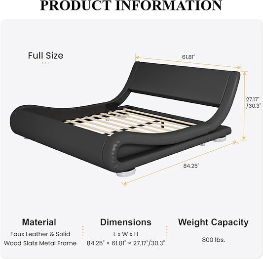 SHA CERLIN Full Size Upholstered Bed Frame, Deluxe Low Profile Sleigh Bed with Faux Leather Ergonomics Headboard, No Box Spring Needed & Easy Assembly, Black