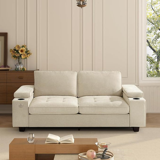 74" Loveseat Couch for Living Room, Modern Chenille Upholstered Sofa with Adjustable Armrest,Storage,Cup Holders,USB & Type-C Ports,Solid Wood 2-Seater Loveseat Sofa for Apartment(Beige)
