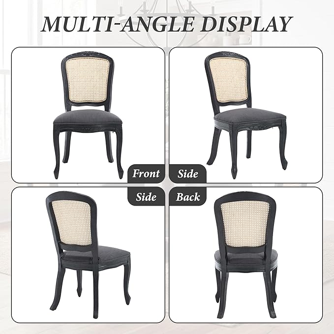 Wicker Dining Chairs Set of 2, Upholstered Linen Fabric Dining Room Chairs with Square High Rattan Back Farmhouse French Kitchen Chairs for Dining Table/Living Room/Restaurant, Black