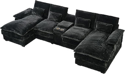 HYJT-H&K 124" U Shaped Cloud Couch Sectional, Comfy Plush Fluffy Corduroy Dark Grey Sectional Couches for Living Room, Modern Modular Corduroy Couch Sectionals with Central Console & Double Chaise