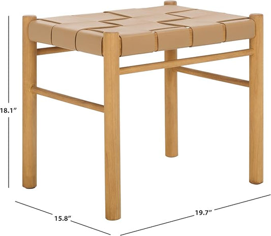 SAFAVIEH Couture Collection Devnie Tan Woven Leather & Natural Solid Wood Ottoman (Fully Assembled)