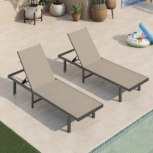 Pool Lounge Chairs, Chaise Lounge Outdoor with Wheels and 5-Position Recliner -Easy to Move- Aluminum Patio Lounge Chair for Poolside, Deck (Khaki)