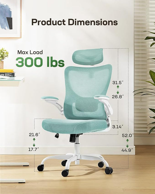 Marsail Ergonomic Office Chair: Office Computer Desk Chair with High Back Mesh and Adjustable Lumbar Support Rolling Work Swivel Task Chairs with Wheel 3D Armrests and Headrest