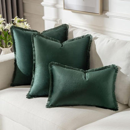 FUTEI Christmas Army Green Velvet Decorative Throw Pillow Covers 18x18 Set of 2,Soft Cozy Edge with Tassels Cushion Case,Boho Modern Home Decor for Couch Bed Living Room