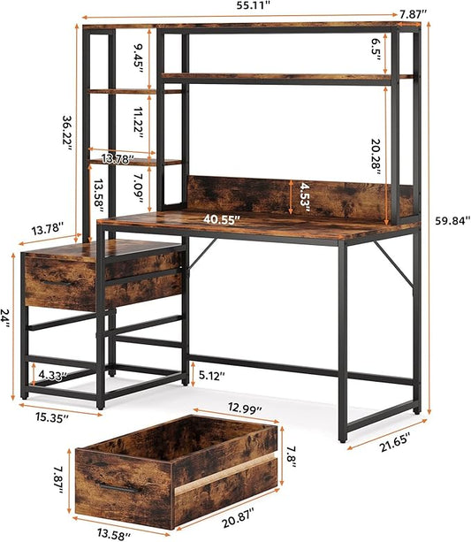Tribesigns 55 Inch Computer Desk with 2 Drawers and Storage Shelves, Rustic Office Desk with Hutch, Study Writing Gaming Table Laptop Workstation for Home Office (Brown)