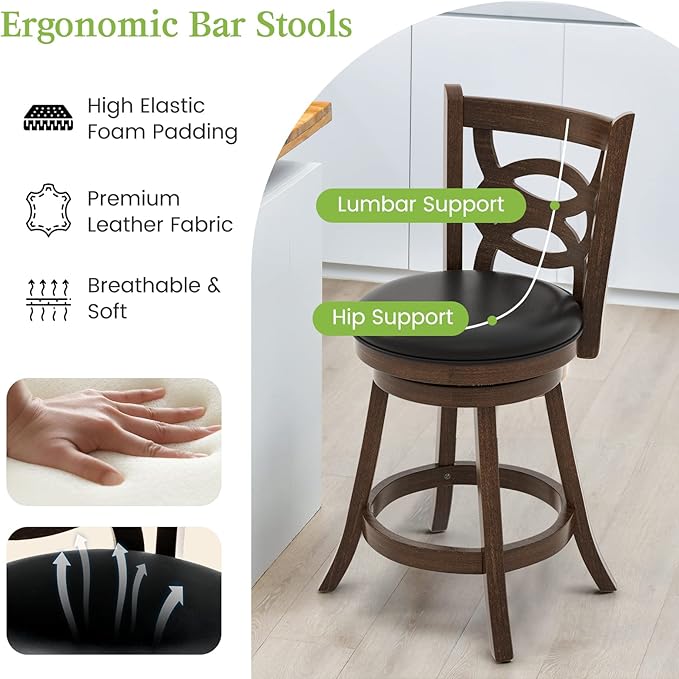 ERGOMASTER Swivel Bar-Stools Set of 2 Brown Counter Height Barstool 24 Inch Seat Bar Chair