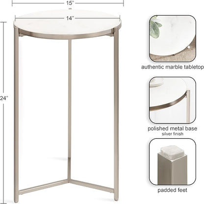 Kate and Laurel Aguilar Modern Round Side Table, 15 x 15 x 24, White and Silver, Genuine Marble Nightstand for Small Spaces and Living Room Décor