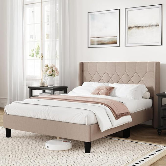 Novilla Full Size Bed Frame, Full Bed Frame with Headboard, Linen Upholstered Pull-Point Wing Side Headboard, No Box Spring Needed, Heavy Duty Feet, Easy Assembly, Beige