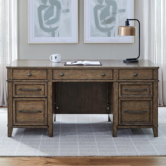 Liberty Furniture Carolina Park 5 Piece Jr Executive Set with Desk, Credenza & Hutch for Home Office- Amber Brown Oak Wood