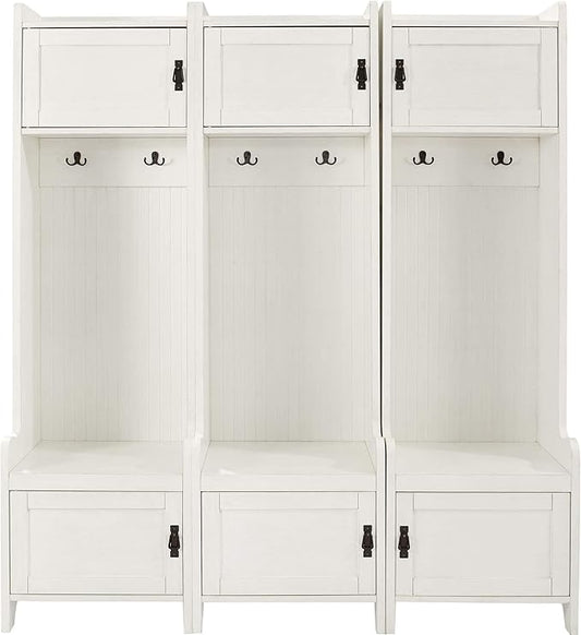 Crosley Furniture Fremont 3-Piece Hall Tree Entryway Set with Storage Cabinets and Coat Rack Hooks, Distressed White