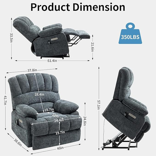 Power Recliner with Vibration Massage & Lumbar Heat, Electric Lift Chairs for Elderly, High Back Reclining Max 155 Degree with Charging Ports, Chenille Fabric Blue Gray