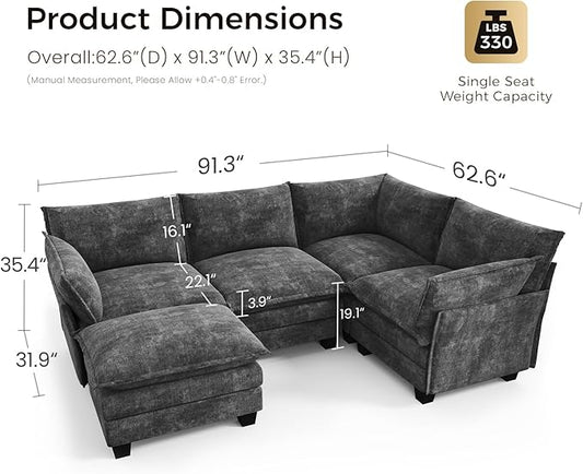 KKL Modular Sectional Sofa, J-Shaped 5 Seater Convertible L-Shaped Cloud Couch with Ottoman, Chenille Modern Sectional Couches for Living Room, Apartment Black