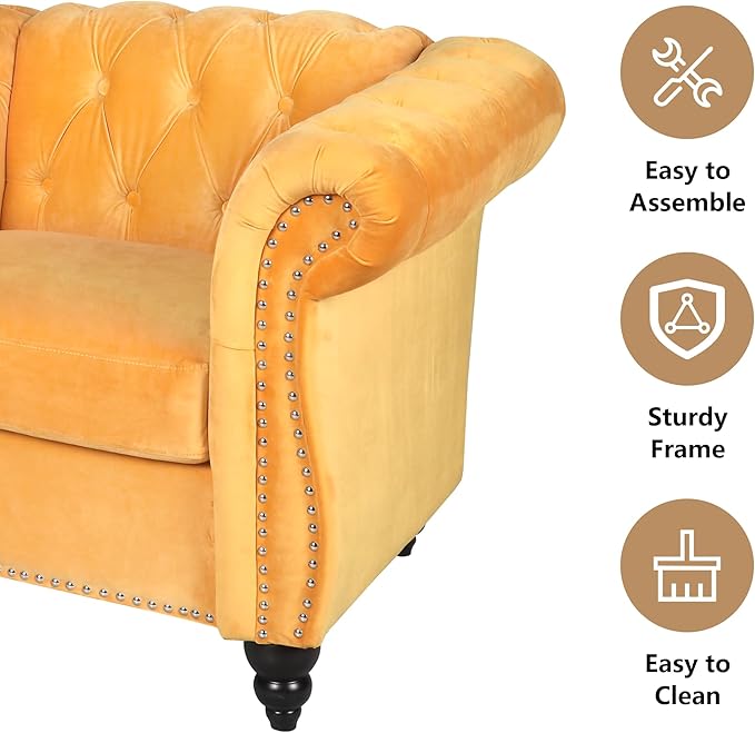 2 Piece Living Room Furniture Set, Velvet Loveseat and Chair Set, Mid Century Modern Upholstered Sofa Couch with Cushions, Comfy Tufted Chesterfield Couches for Living Room, Bedroom, Office