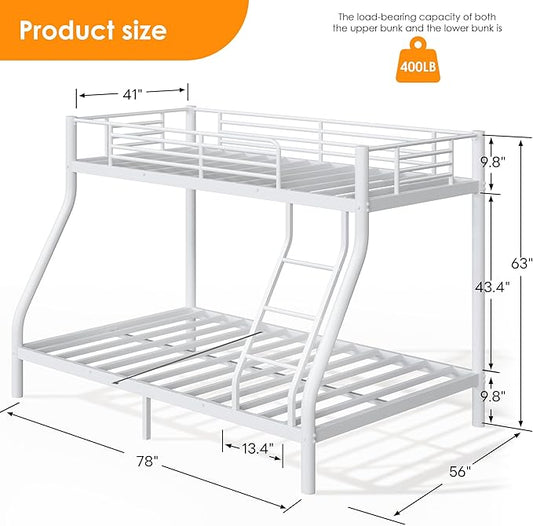 Bunk Beds Twin Over Full Size, Heavy Duty Metal Bunk Bed Frame with Angled Ladder for Teens and Adults, for Spaces-Saving, Smooth Rounded Edges, Noise Free & Easy Assembly, White