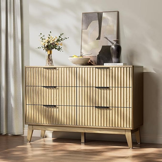Modern 6 Drawer Dresser, Natural Oak, Fluted Wave Design, Rounded Corners, Mid Century Dresser TV Stand, 48" Wide Chest of Drawers for Bedroom and Living Room