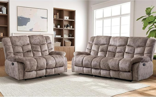 EBELLO Reclining Sofa Furniture Set, Loveseat Recliner Sofa and 3PC Bonded Manual Recliner Set for Living Room, Light Brown(Loveseat+Sofa)
