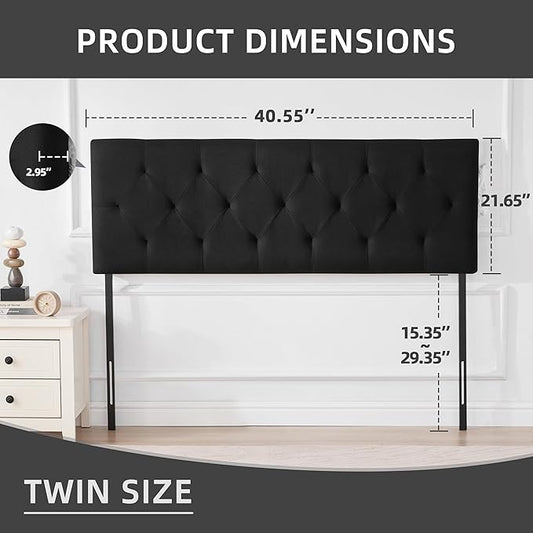 Linen Upholstered Headboard Twin Size, Diamond Tufting Solid Wood Twin XL Headboard Only, Adjustable Height from 37” to 51” Head Board, Dorm Bed Frame or Wall Mount Headboards, Black